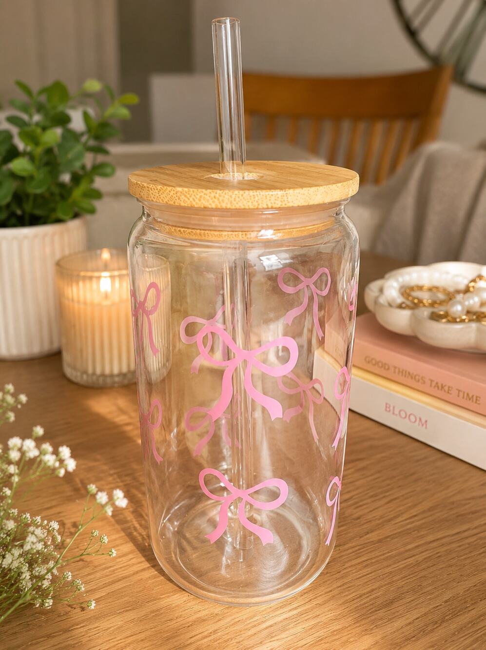 Cute Bow Mason Jar Tumbler 16.9oz Straw Cup Water Bottle New in Box